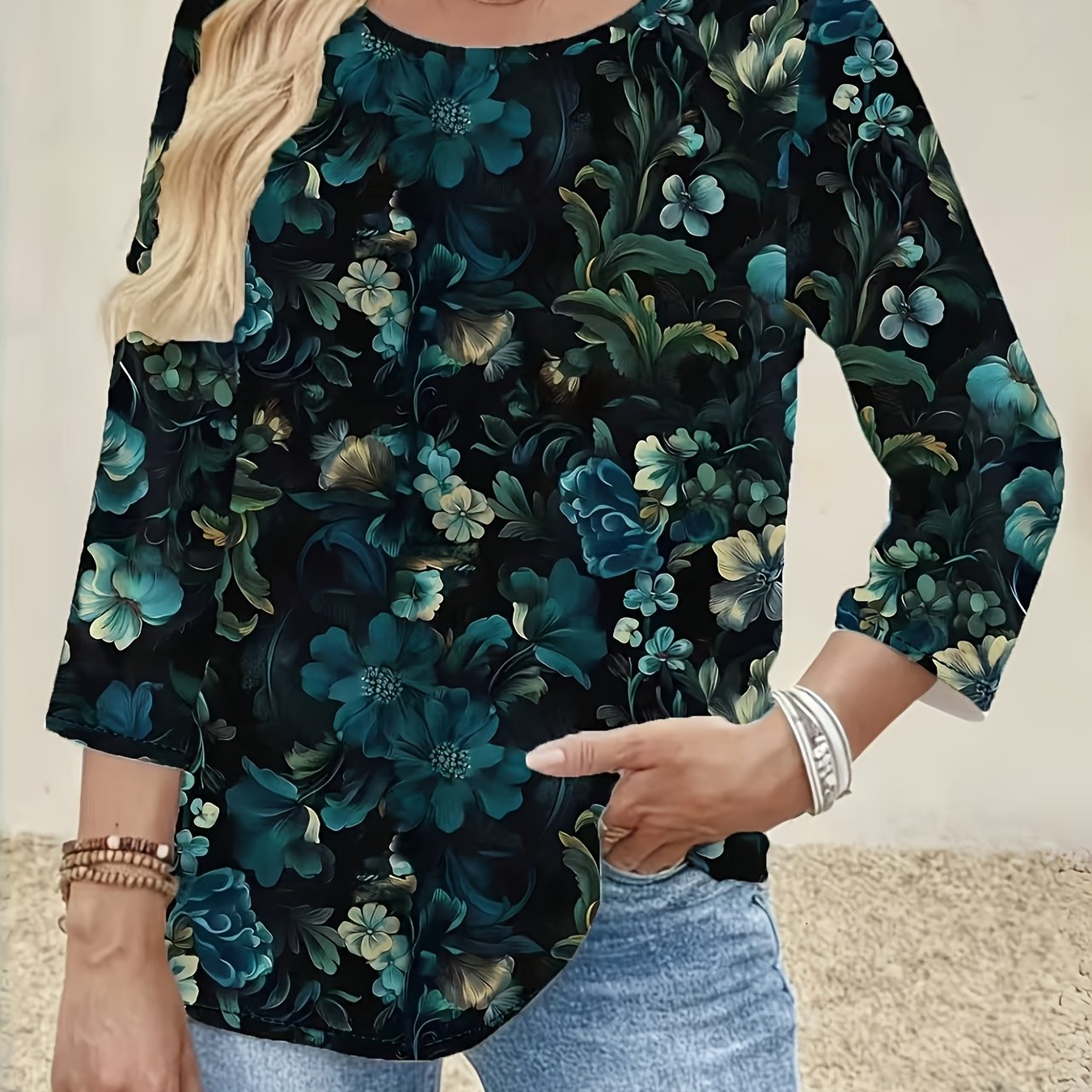 TEMU Stylowa i elegancka damska koszulka z krótkim rękawem 3/4 z kwiatowym nadrukiem, idealna na co dzień