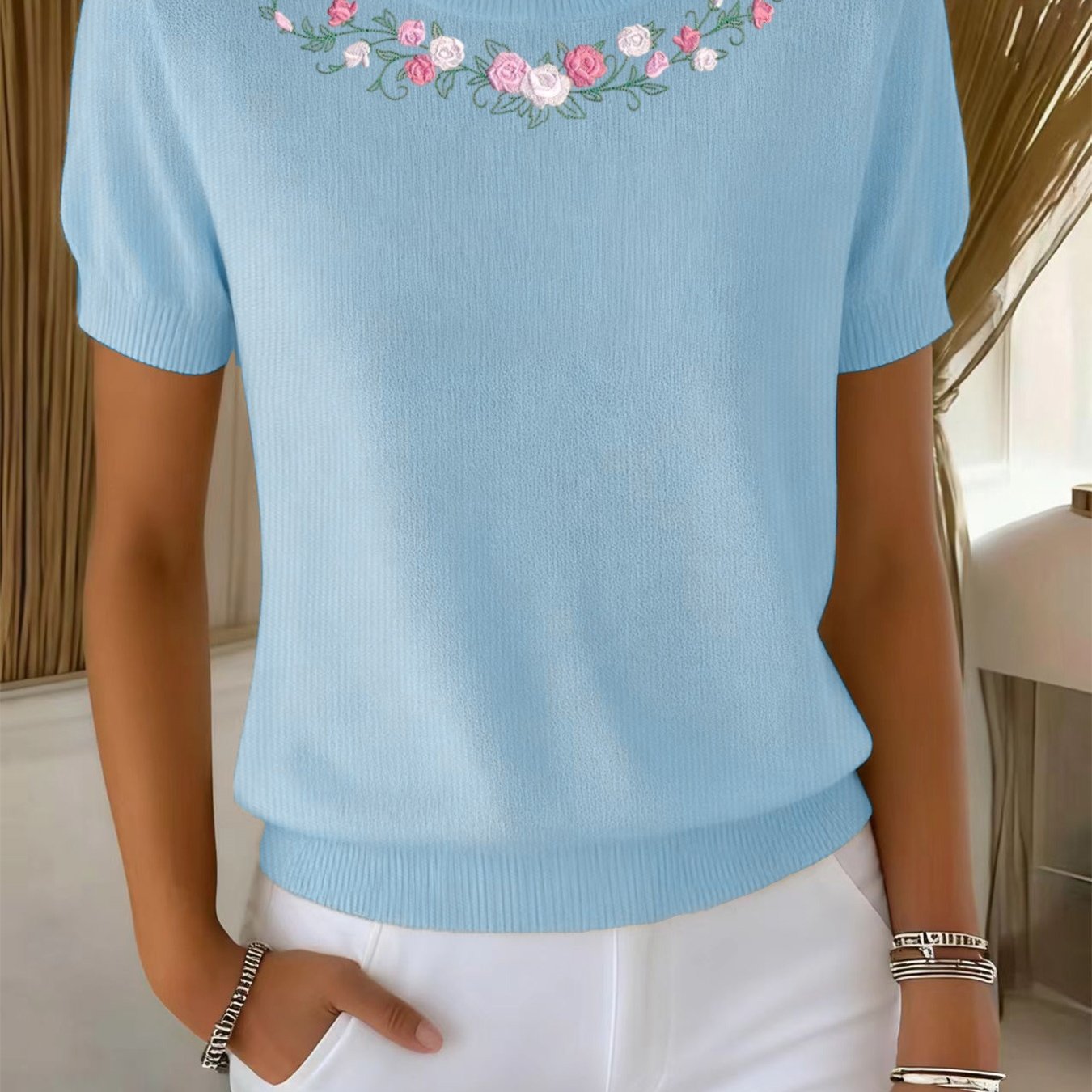 TEMU Damski sweter casualowy - luźny sweter z krótkim rękawem i okrągłym dekoltem, elastyczny i wygodny top, teksturowany wzór, wytrzymała tkanina,