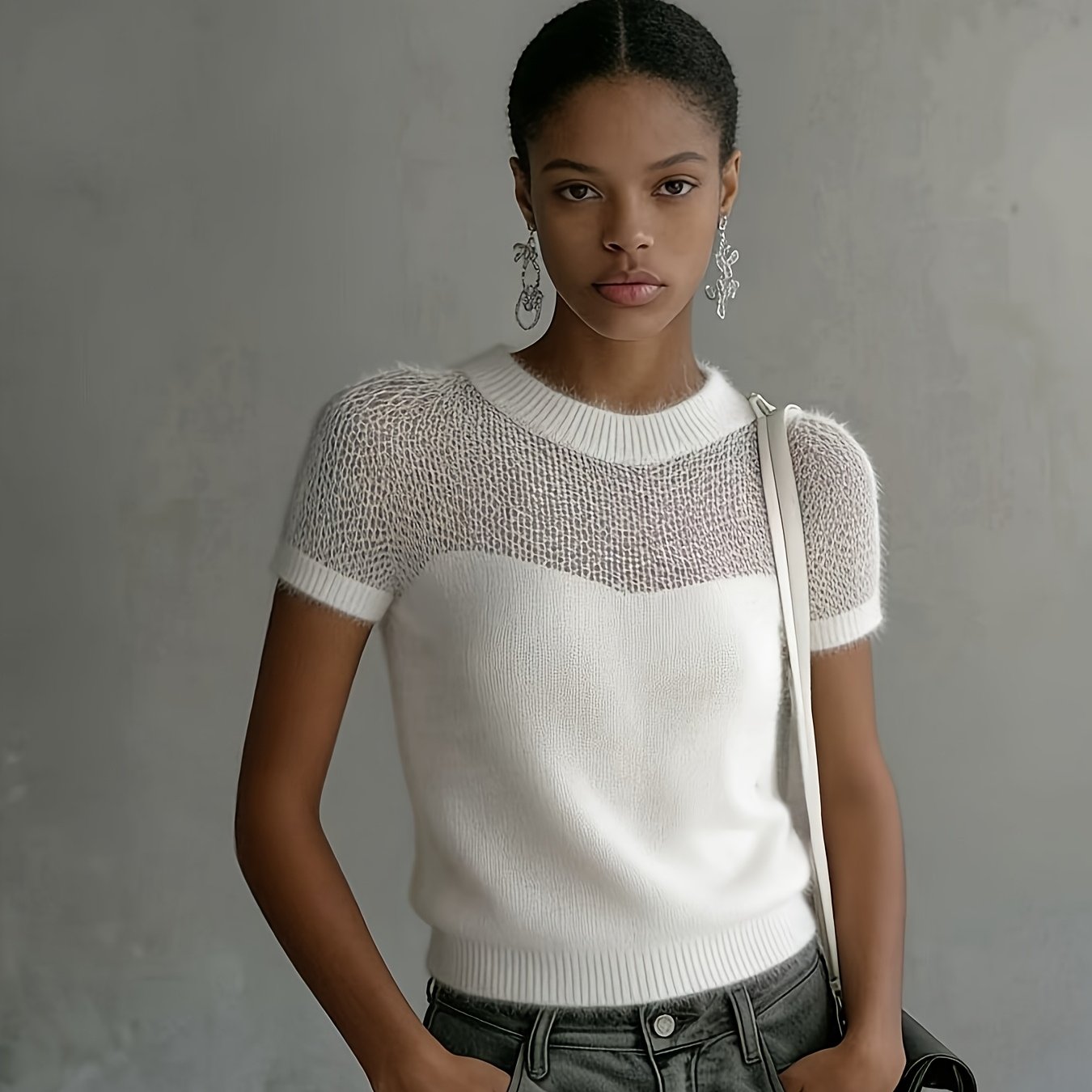 TEMU Damski sweter z krótkim rękawem w stylu niche design z siateczkowym patchworkiem [Nian Nian]