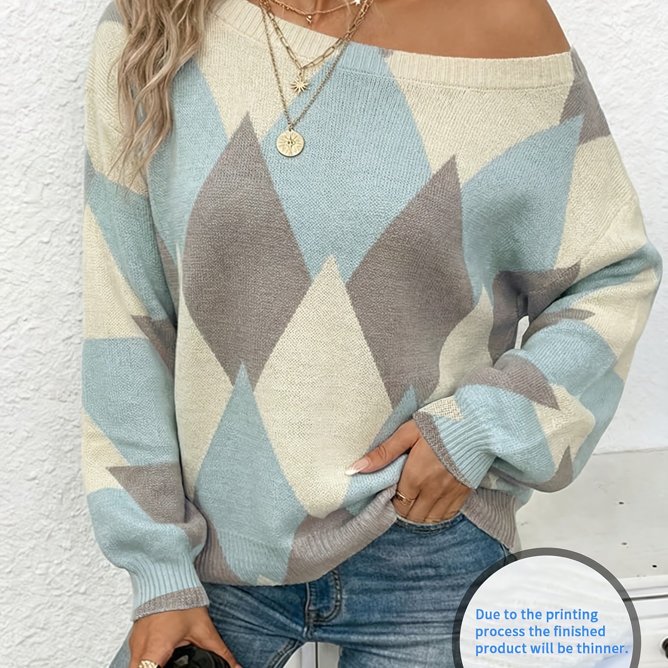 TEMU Uniwersalny damski sweter z odkrytymi ramionami, idealny na każdą porę roku, z nadrukiem w klasycznym wzorze diamentów. Główne kolory to jasny