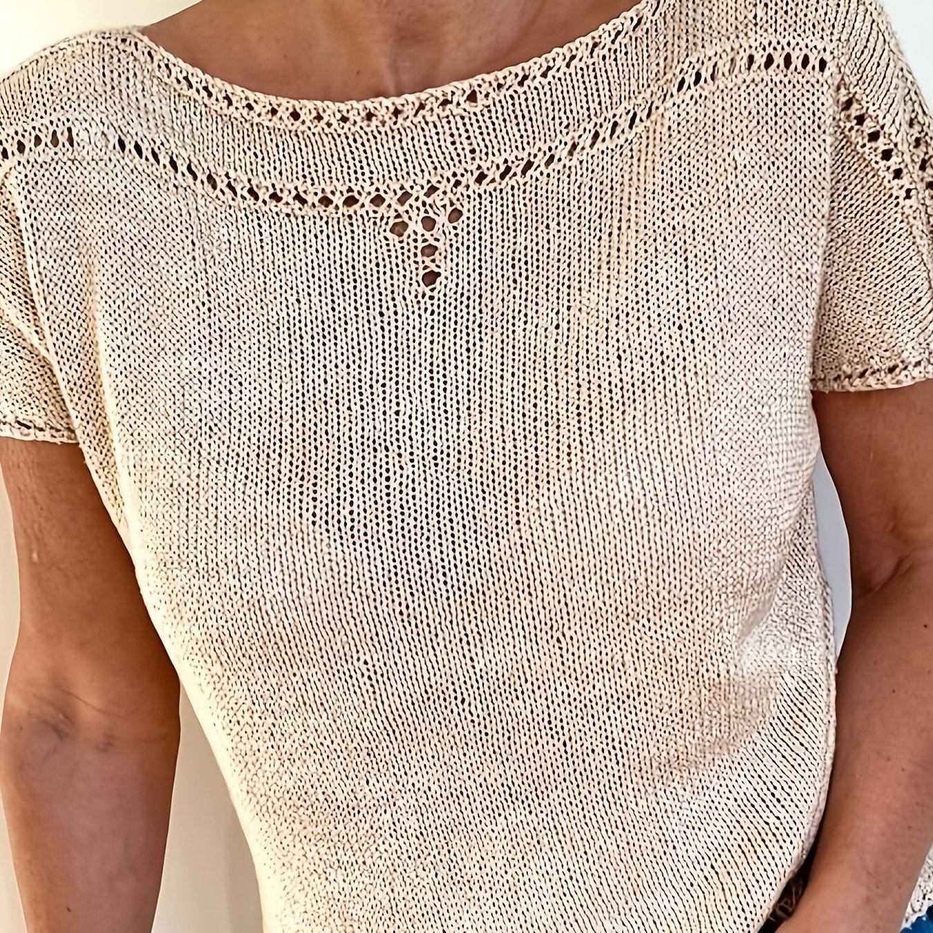 TEMU Letnia Bluzka z Krótkim Rękawem w Stylu Francuskim, Jednokolorowy Sweter z Ażurowym Wzorem, Prosty, Elegancki, Wygodny i Przyjazny dla Skóry,