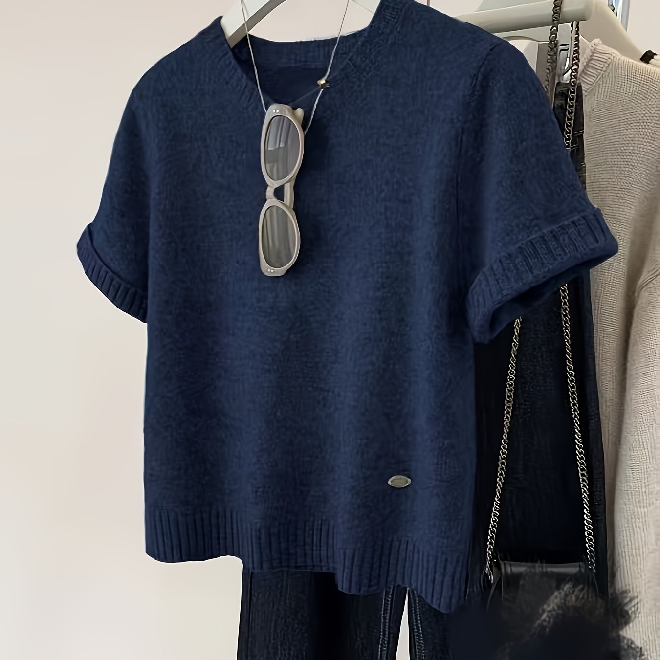 TEMU Damski granatowy sweter z krótkim rękawem, elegancki, lekki i swobodny styl