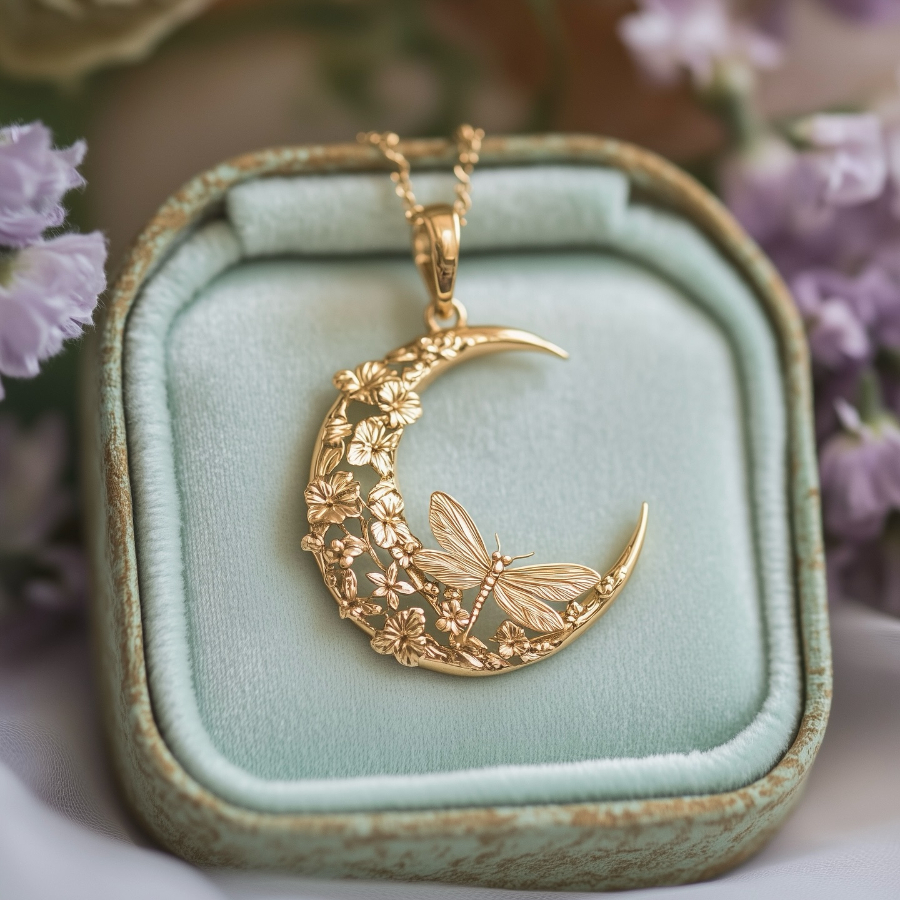 TEMU Elegancki i Wyrafinowany Naszyjnik Damski z Miedzi z Wisiorkiem w Kształcie Kwiatowej Ważki Księżycowej, Wyszukany Naturalny Design, Idealny na