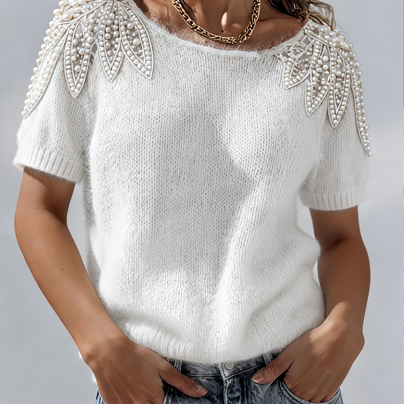 TEMU Kolekcja Jesień/Wiosna/: Niszowy Kardigan dla Kobiet, Sweter w Stylu Białymi Kwiatami i Perłowymi Ozdobami, Okrągły Dekolt Krótki Rękaw. Casual