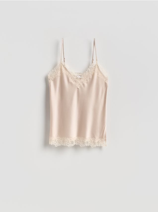 Reserved - Top z koronkowym zdobieniem - kremowy