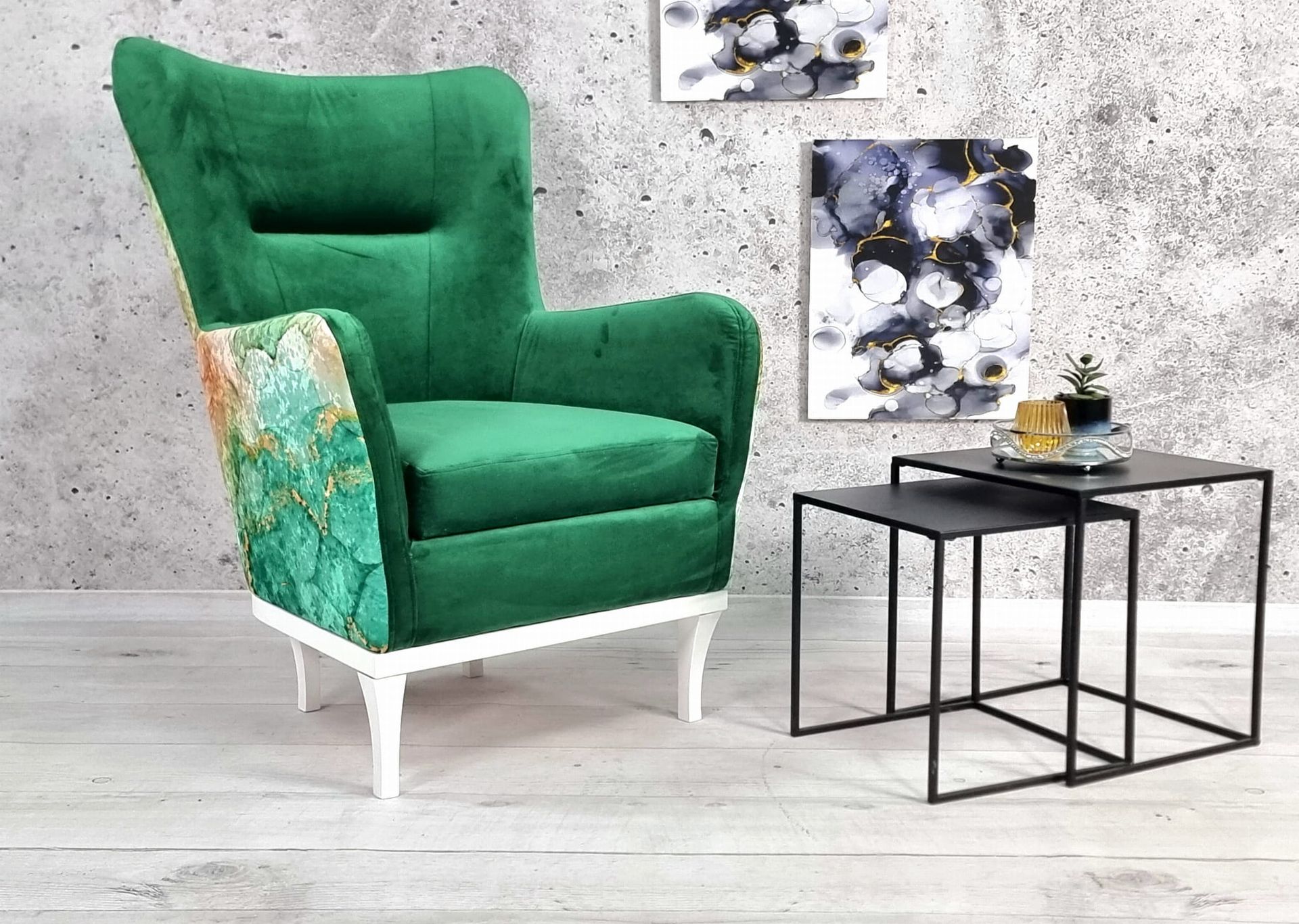 Fotel uszak, wzór ROYAL + nóżki z drewna białego lub Sonoma