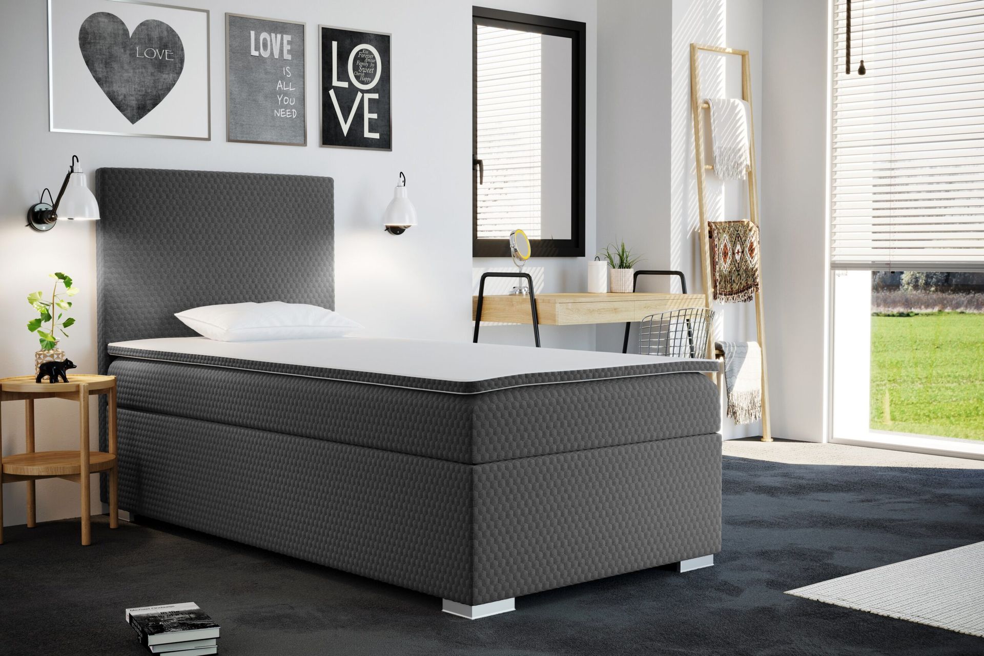 Łóżko jednoskrzyniowe ICON z funkcją przechowywania, tkanina Sawana, 4 kolory - Szary - 80x200 cm - Lewy