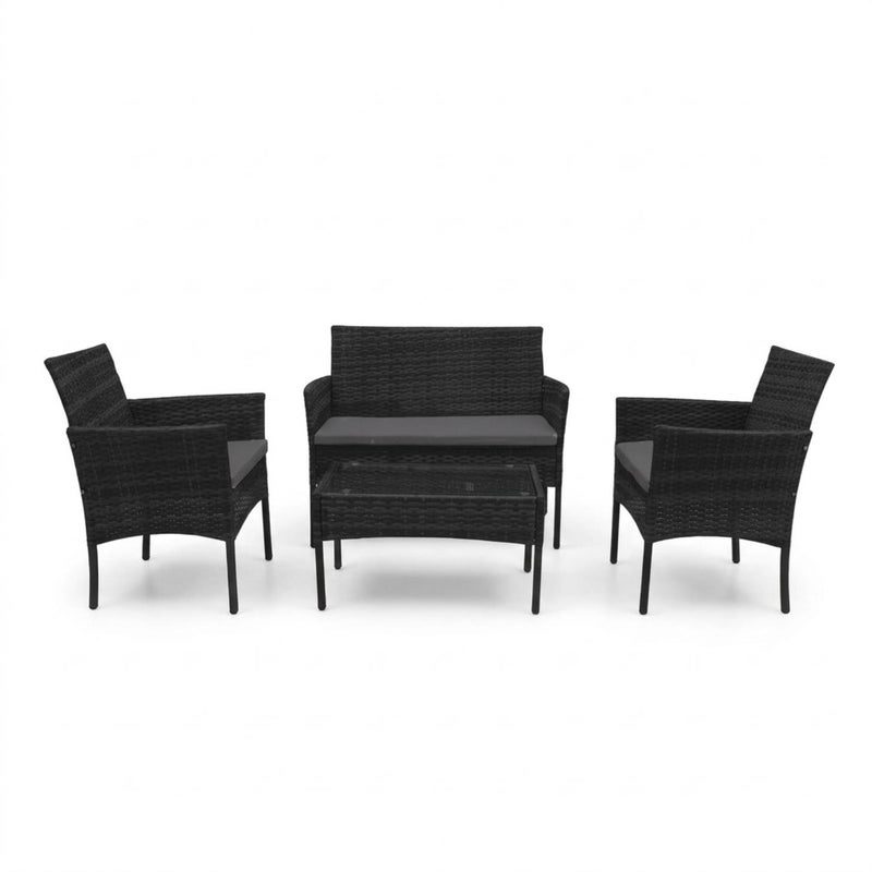Czarny zestaw mebli z technorattanu LUNGO – Sofa, 2 fotele i stolik kawowy