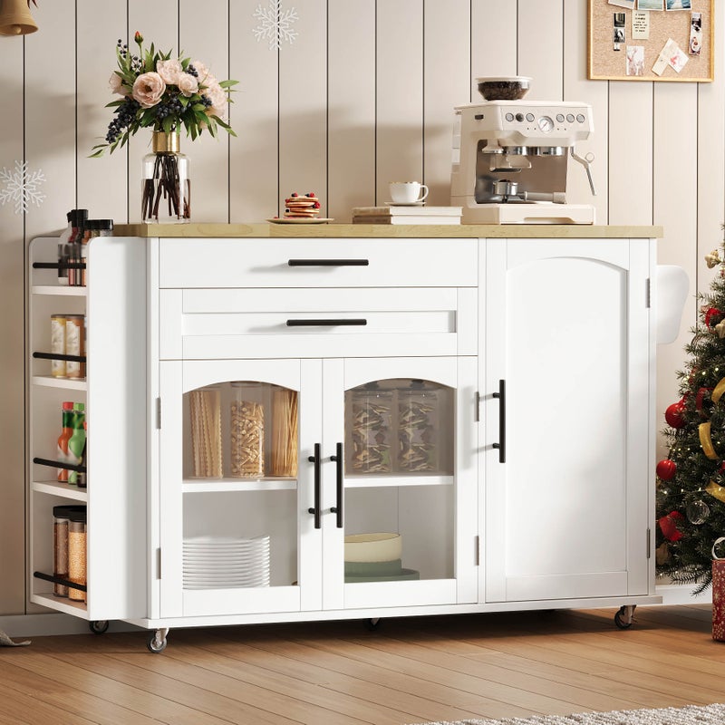 Mobilna centralna wyspa kuchenna - stół rozkładany - z miejscem do przechowywania i półką na przyprawy - z kółkami - Biały