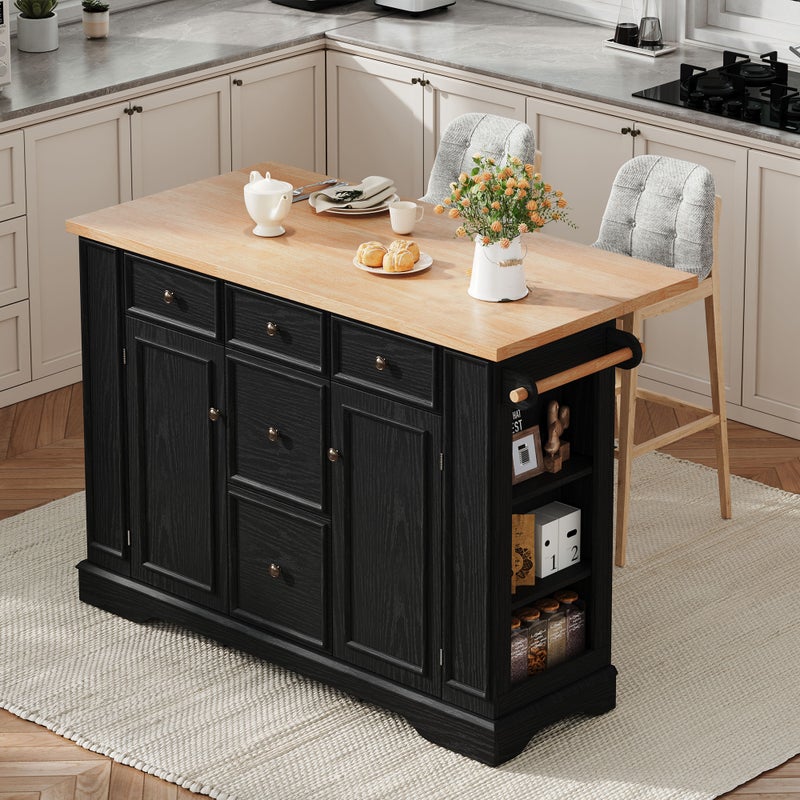 Centralna wyspa kuchenna 130,5x40x92cm - blat składany - z gniazdkiem elektrycznym - z 2 drzwiami i 5 szufladami - czarny