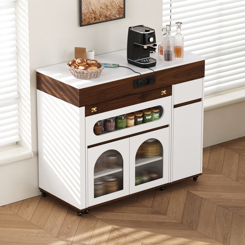 Centralna wyspa kuchenna - stół rozsuwany - z gniazdkiem elektrycznym - z kółkami i miejscem do przechowywania - z haczykiem - Brązowy+Biały