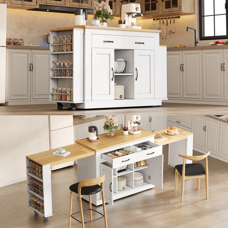 Centralna wyspa kuchenna - 2 stoły rozsuwane - z 2 gniazdkami elektrycznymi i 2 portami USB - duże miejsce do przechowywania - Naturalny + Biały