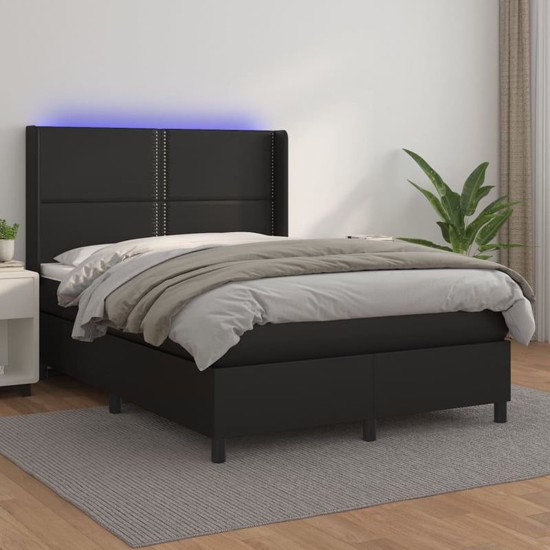 Łóżko kontynentalne, materac i LED, czarna ekoskóra, 140x190 cm