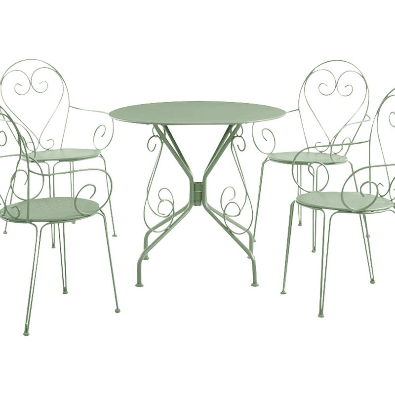 Jadalnia ogrodowa z kutego żelaza GUERMANTES stół i 4 fotele w kolorze zielonym migdałowym