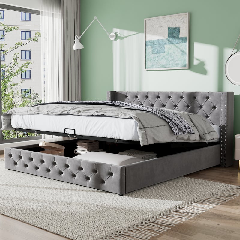 Aksamitne łóżko skrzyniowe 140x190 cm z listwową podstawą - Szare