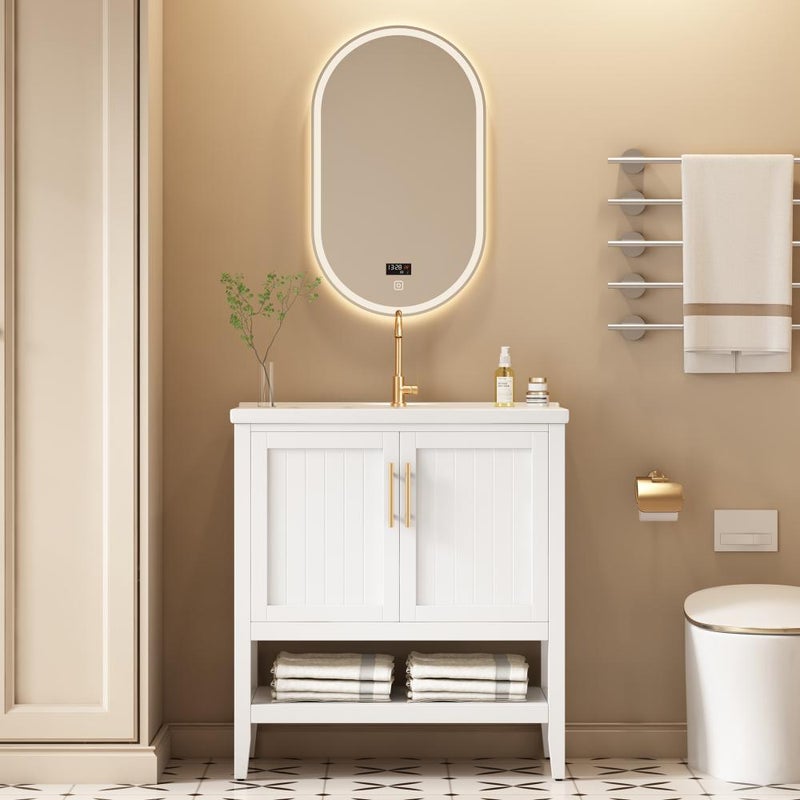 Szafka łazienkowa 80 cm z umywalką ceramiczną, biała szafka podłogowa, elegancki design, łatwy montaż - 80×47×90cm