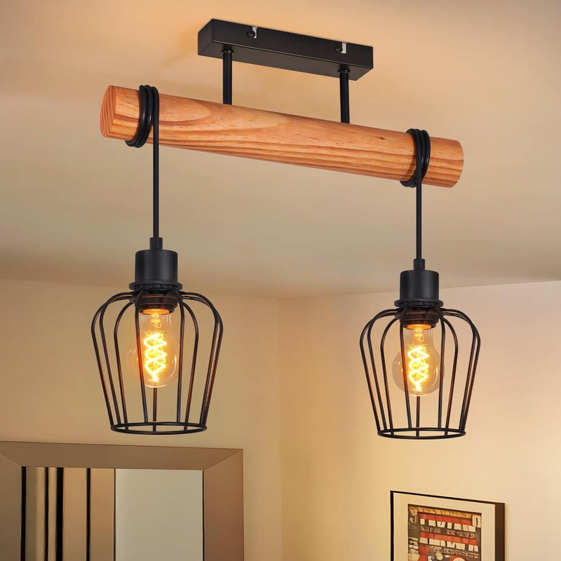 NETTLIFE Lampa Sufitowa Vintage Drewno i Metal, Plafon Industrialny Retro 2x E27 do Przedpokoju, Kuchni i Salonu (Bez Żarówek)