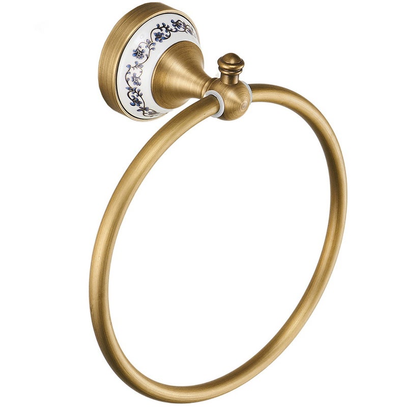 Wieszak na ręczniki, antyczny mosiężny pierścień na ręczniki, okrągły ścienny uchwyt na ręczniki z porcelanową podstawą do łazienki, w stylu rustykaln