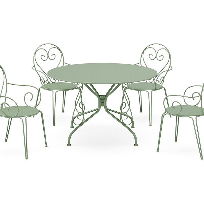 Zestaw mebli ogrodowych jadalnianych z metalu: stół o śr. 120 cm i 4 sztaplowane fotele z efektem kutego żelaza - Migdałowa zieleń - GUERMANTES marki