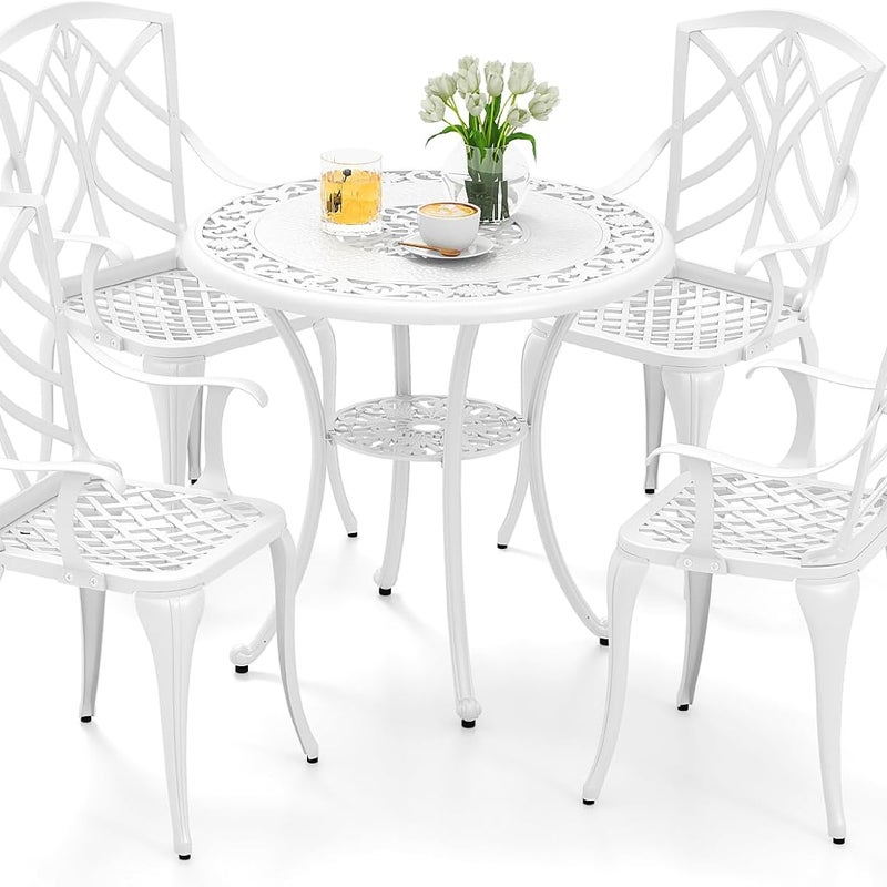 Zestaw Ogrodowy z Odlewu Aluminiowego 5 Szt., 4 Krzesła i 1 Okrągły Stół z Otworem na Parasol, na Balkon, Patio, Nośność 150/120 kg, Biały