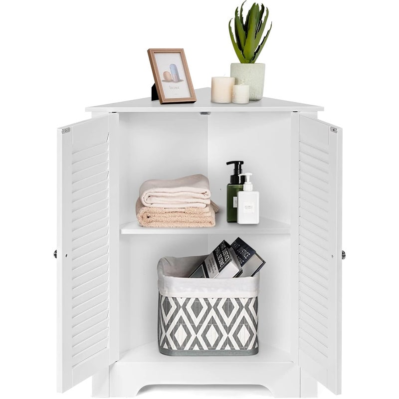 Szafka Łazienkowa, Trójkątna Szafka z 2 Drzwiami i 3 Regulowanymi Półkami, Styl Nowoczesny, 63 x 32 x 81,5 cm (Biała)
