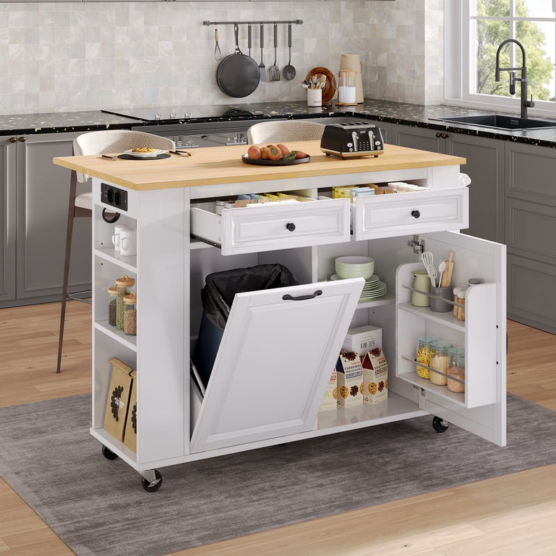 Mobilna wyspa kuchenna 120x40-70x92cm - na kółkach - z USB - 2 szuflady i 2 drzwi - rozkładany blat - z relingiem na ręczniki - biała