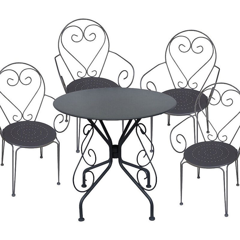 Jadalnia ogrodowa z metalu w stylu kutego żelaza stół i 4 fotele w kolorze antracytowym - GUERMANTES