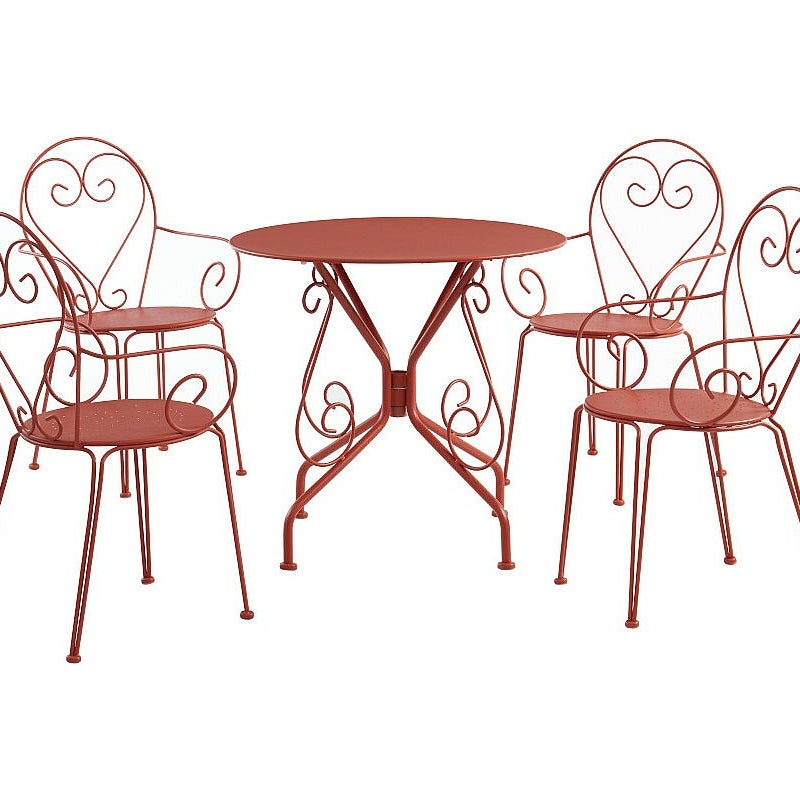 Jadalnia ogrodowa z metalu w stylu kutego żelaza: stół i 4 sztaplowane fotele w kolorze terracotta - GUERMANTES