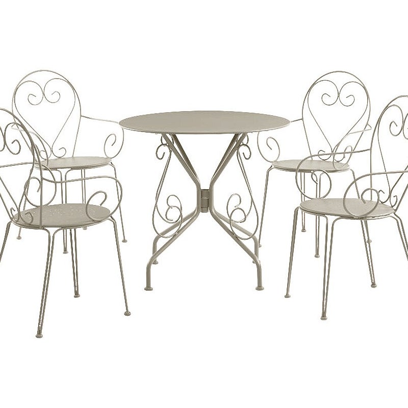 Jadalnia ogrodowa z metalu w stylu kutego żelaza: stół i 4 fotele, które można ustawiać w stosy - Beżowy - GUERMANTES