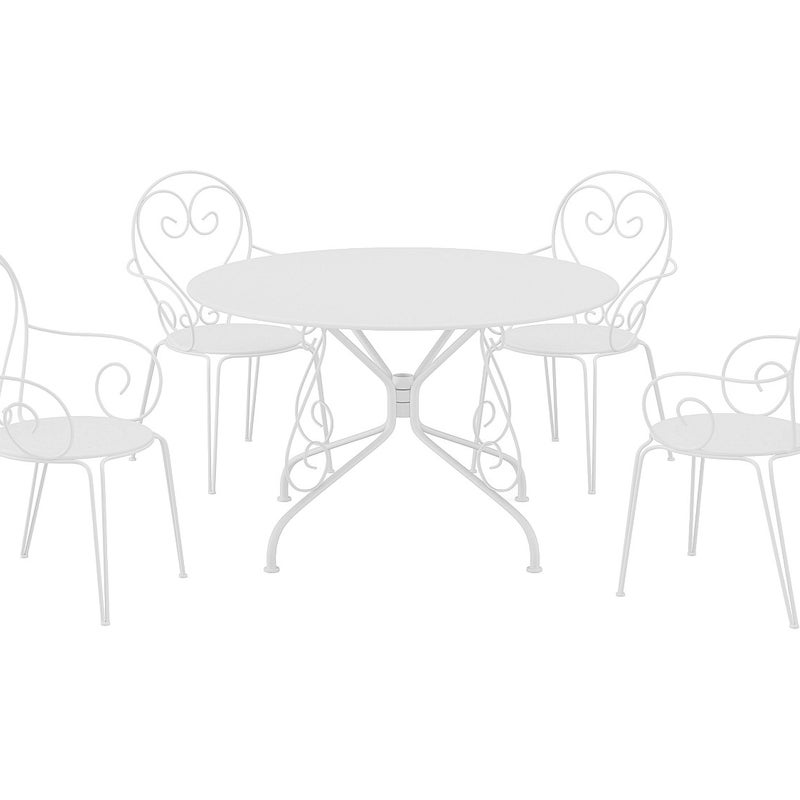 Zestaw mebli ogrodowych z metalu: stół o śr. 120 cm i 4 sztaplowane fotele z efektem kutego żelaza - Biały - GUERMANTES marki MYLIA