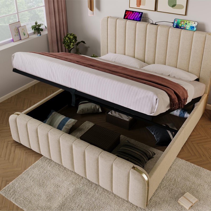 Lniane łóżko skrzyniowe 180x200cm - z ładowaniem USB i Type-C - ozdobione złotymi paskami - Beżowy