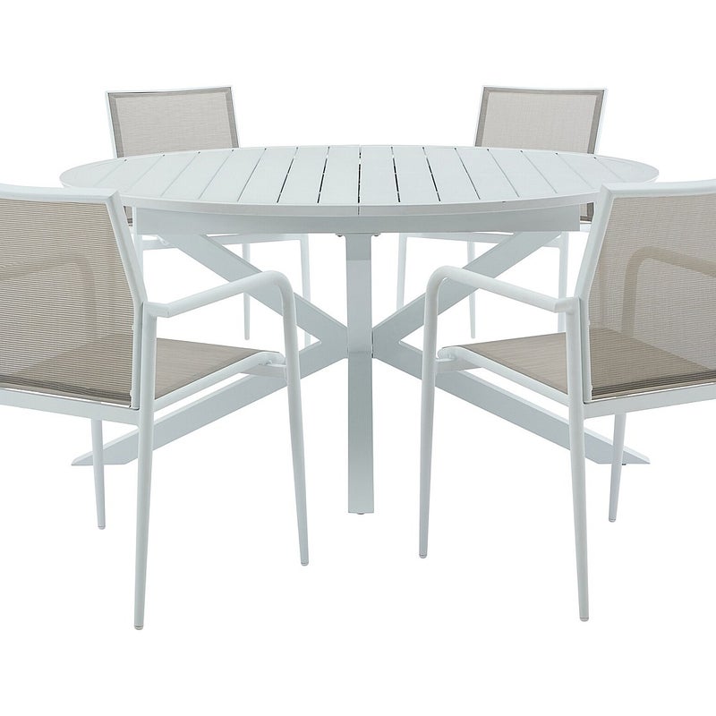 Zestaw mebli ogrodowych jadalnianych z aluminium: rozkładany stół dł. 150/200 cm i 4 sztaplowane fotele - Jasnoszary i biały - YOHA marki MYLIA