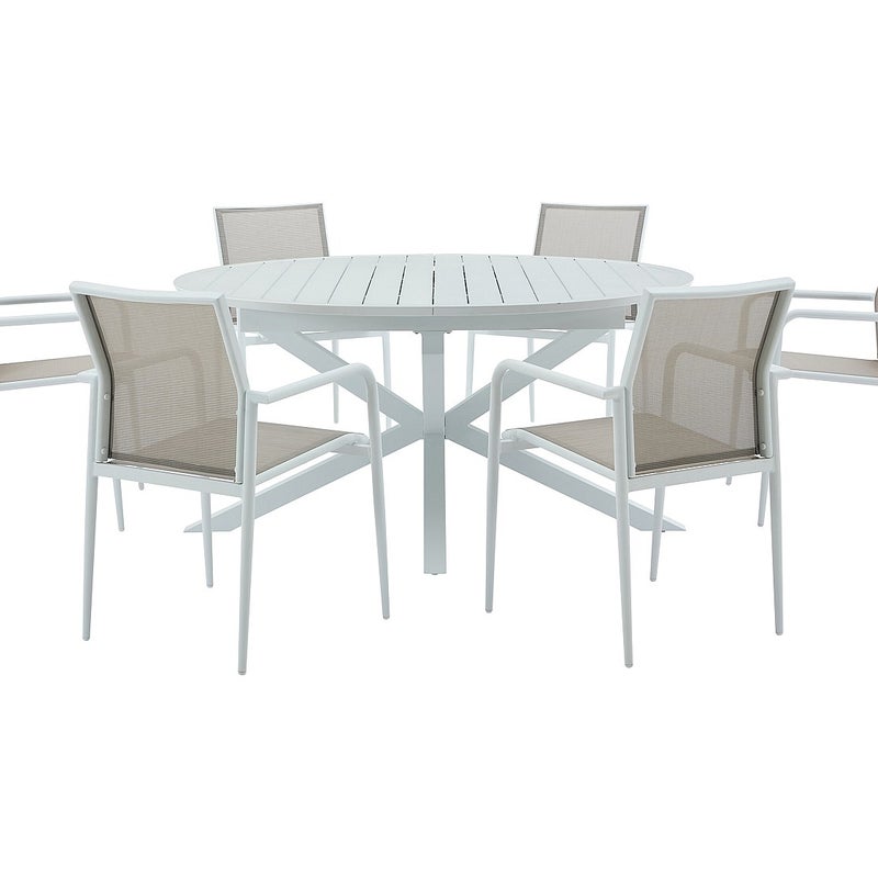 Zestaw mebli ogrodowych jadalnianych z aluminium: rozkładany stół dł. 150/200 cm i 6 sztaplowanych foteli - Jasnoszary i biały - YOHA marki MYLIA