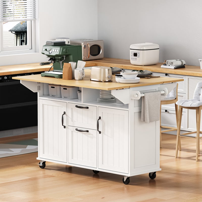 Mobilna wyspa kuchenna 120x40-80x92cm - na kółkach - z USB - 2 szuflady i 2 drzwi - rozkładany blat - z relingiem na ręczniki - biała