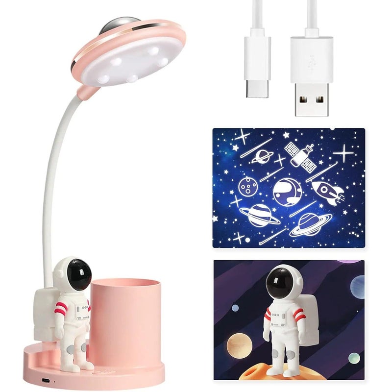 Lampka biurkowa w kształcie astronauty dla nastolatków - z reflektorem i uchwytem na długopis - idealna do czytania przez dzieci w ich pokoju - różowa