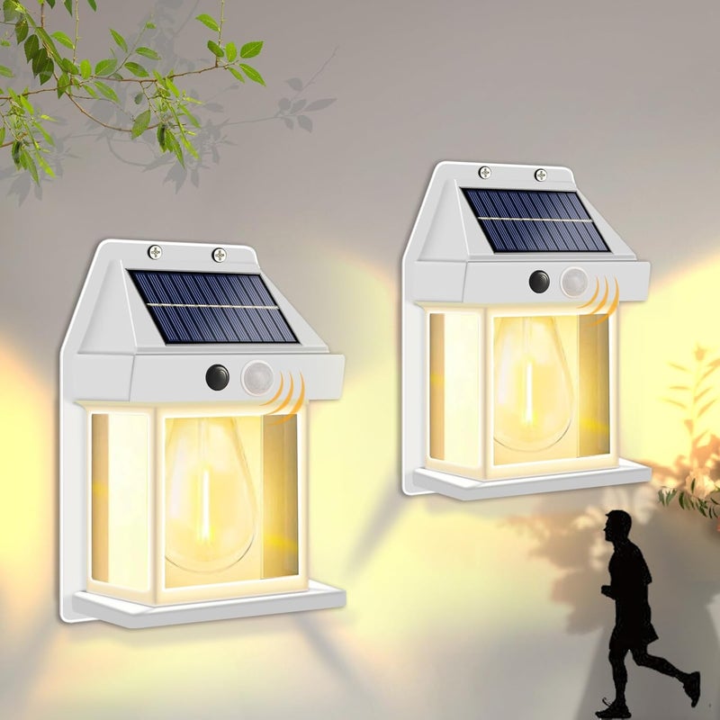 Zestaw 2 lamp solarnych do użytku na zewnątrz - wodoodpornych - z 3 trybami świecenia i czujnikiem ruchu - odpowiednich do ogrodów i tarasów - Biały