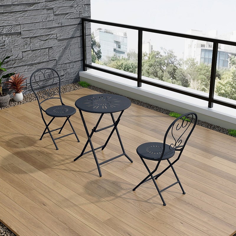 Metalowy składany zestaw ogrodowy stylizowany na kute żelazo - stół o śr. 60 cm i 2 krzesła - Antracytowy - GUERMANTES od MYLIA