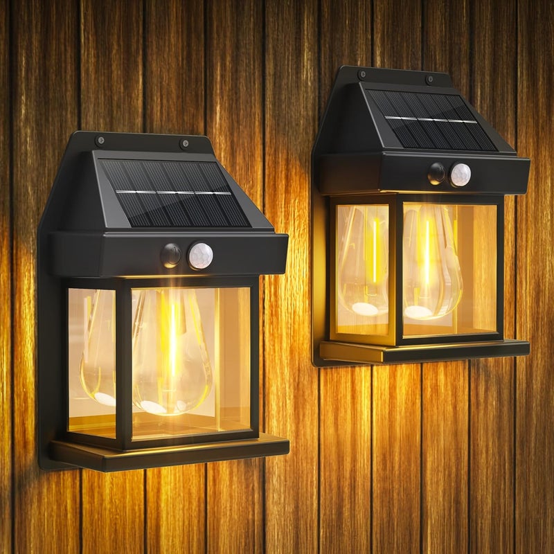 Zestaw 2 lamp solarnych do użytku na zewnątrz - wodoodpornych - z 3 trybami świecenia i czujnikiem ruchu - odpowiednich do ogrodów i tarasów - czarny
