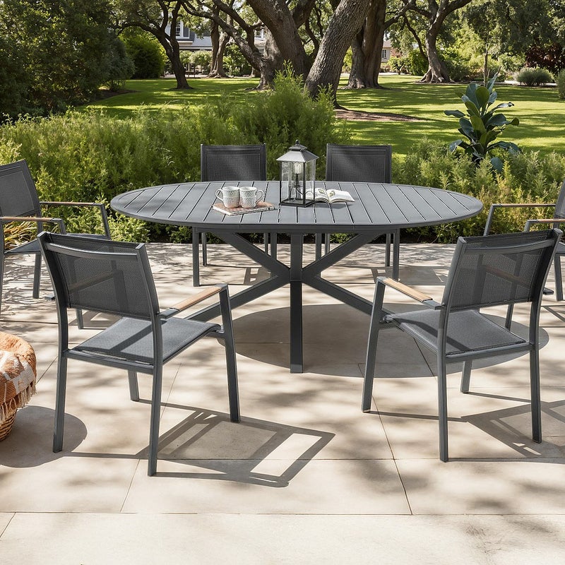 Zestaw ogrodowy z aluminium: rozkładany okrągły stół dł. 150/200 cm i 6 składanych foteli - Antracytowy - YOHA od MYLIA