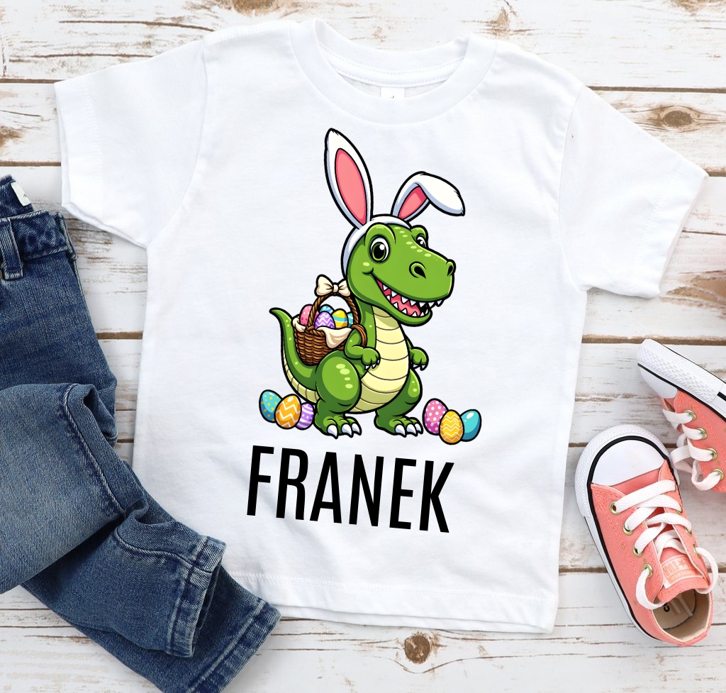 Koszulka na Wielkanoc dla chłopczyka z imieniem - wzór trex