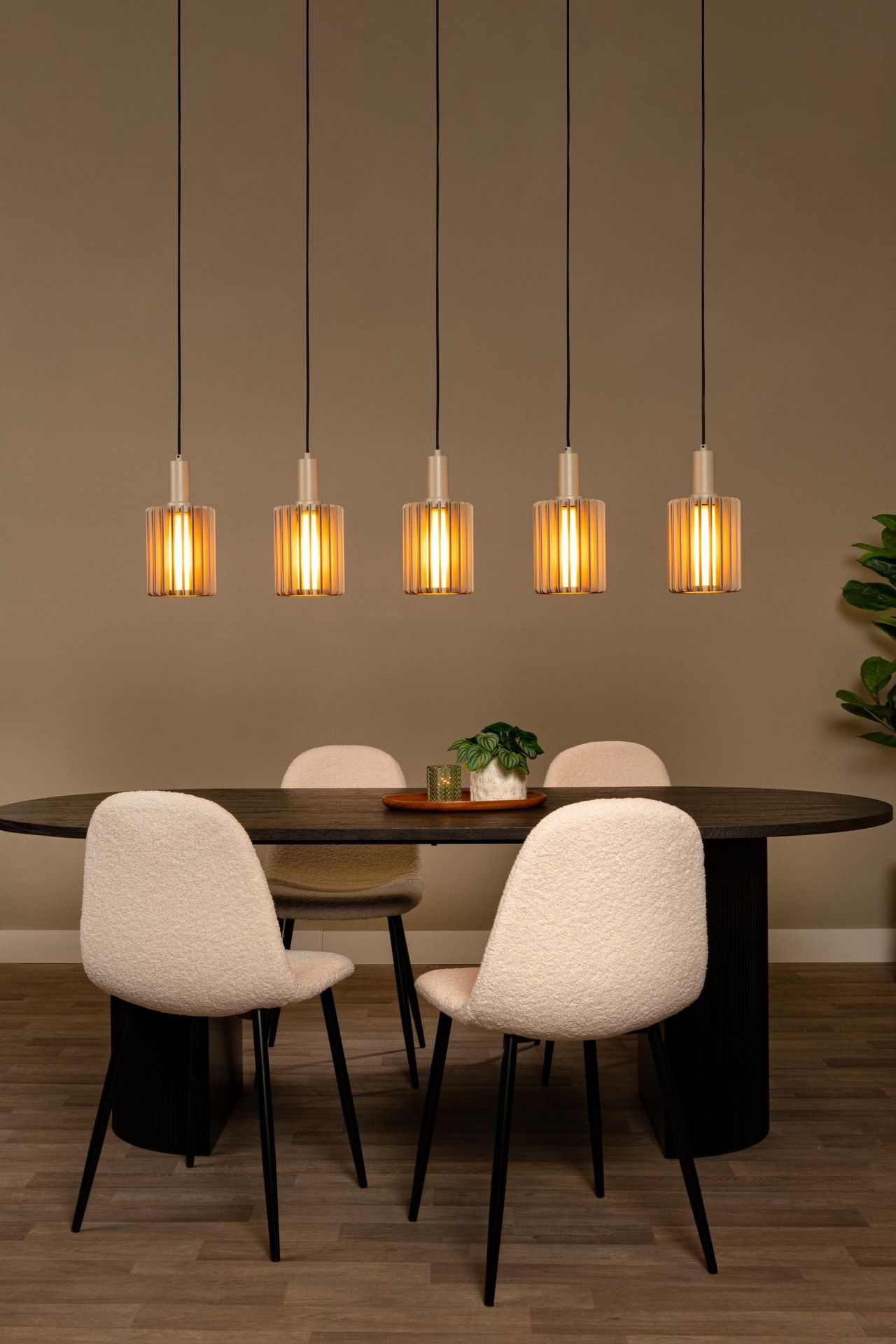 LAMBRES lampa wisząca beżowa taupe 5xE27 abażury żeberkowe LUCIDE 45410/05/41