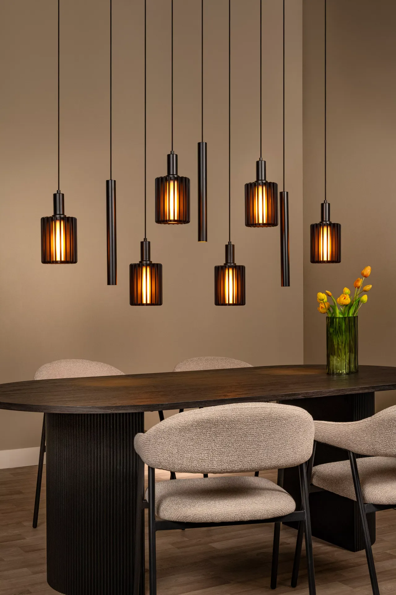 LAMBRES lampa wisząca czarna 6xE27 + 3xGU10 abażury żeberkowe i rurki LUCIDE 45410/09/30