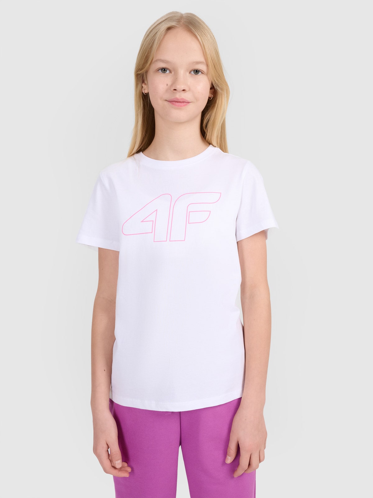 4F T-shirt regular z nadrukiem dziewczęcy - biały 140 (9-10 lat)