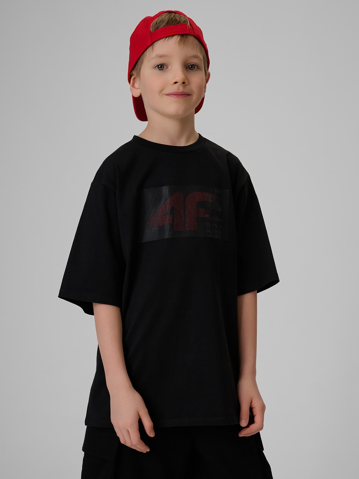 4F T-shirt loose z nadrukiem chłopięcy - czarny 158/164 (12-14 lat)