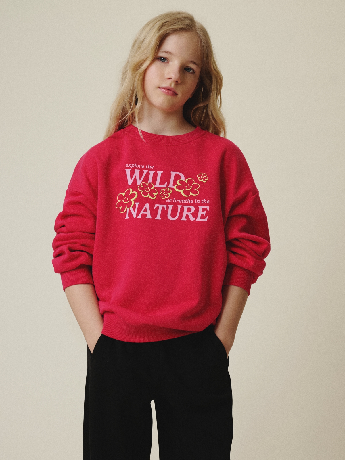 4F Bluza dresowa oversize bez kaptura dziewczęca - różowa 158/164 (12-14 lat)