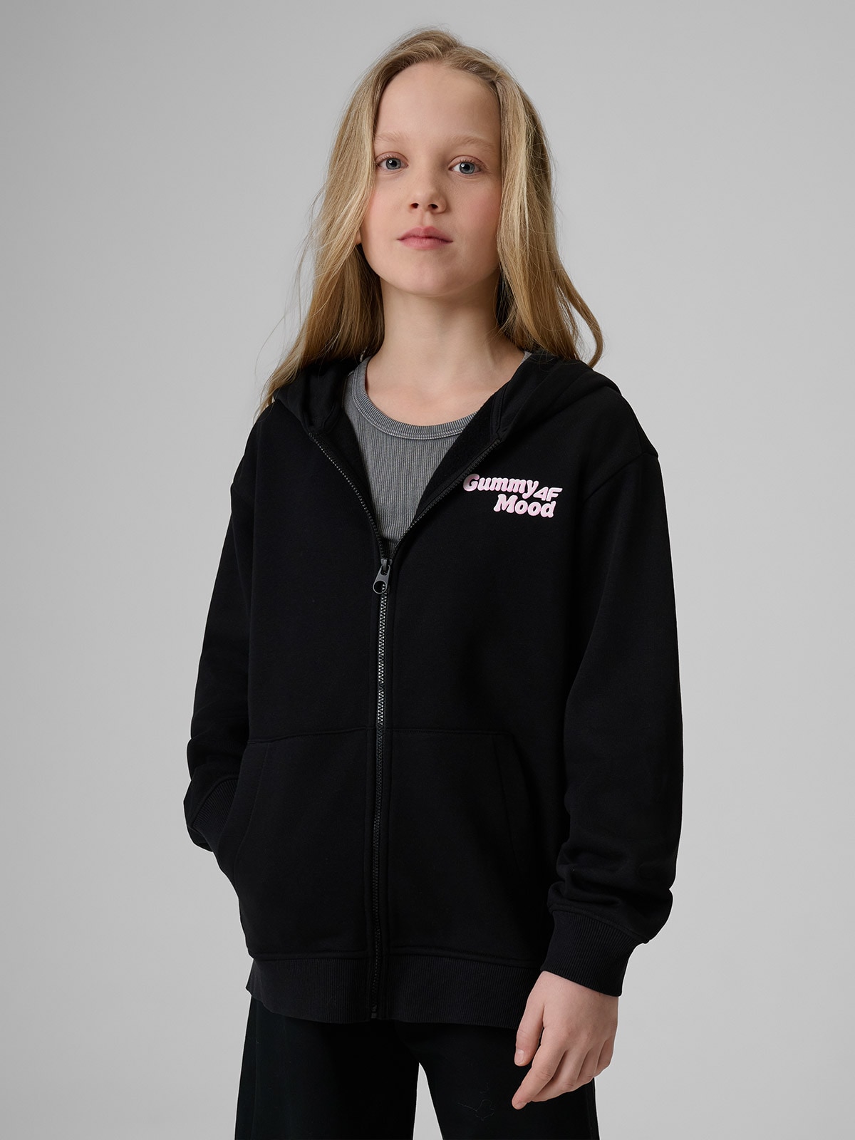4F Bluza dresowa loose z kapturem dziewczęca - czarna 158/164 (12-14 lat)