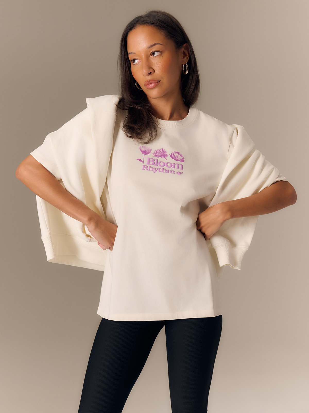 4F T-shirt loose z nadrukiem damski - biały S