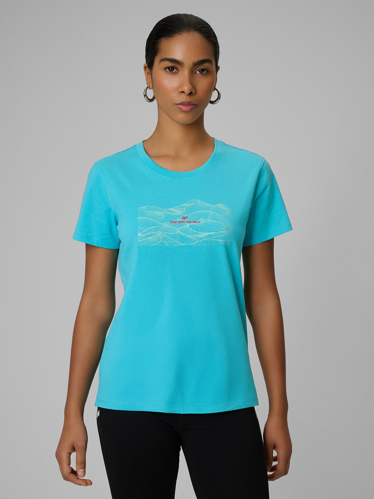 4F T-shirt regular z nadrukiem damski - turkusowy XS