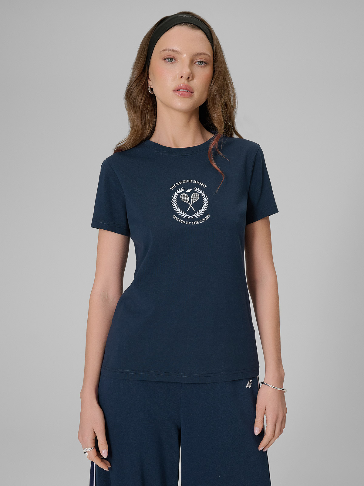 4F T-shirt slim z nadrukiem damski - granatowy XXL