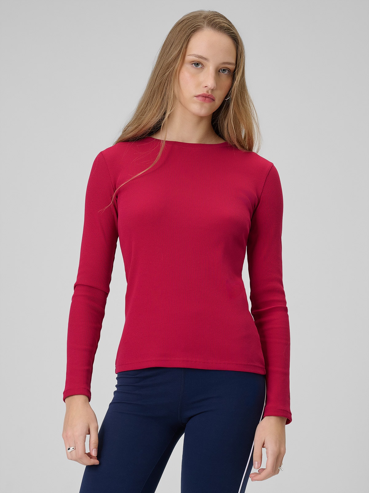 4F Longsleeve slim z prążkowanej dzianiny damski - różowy XL